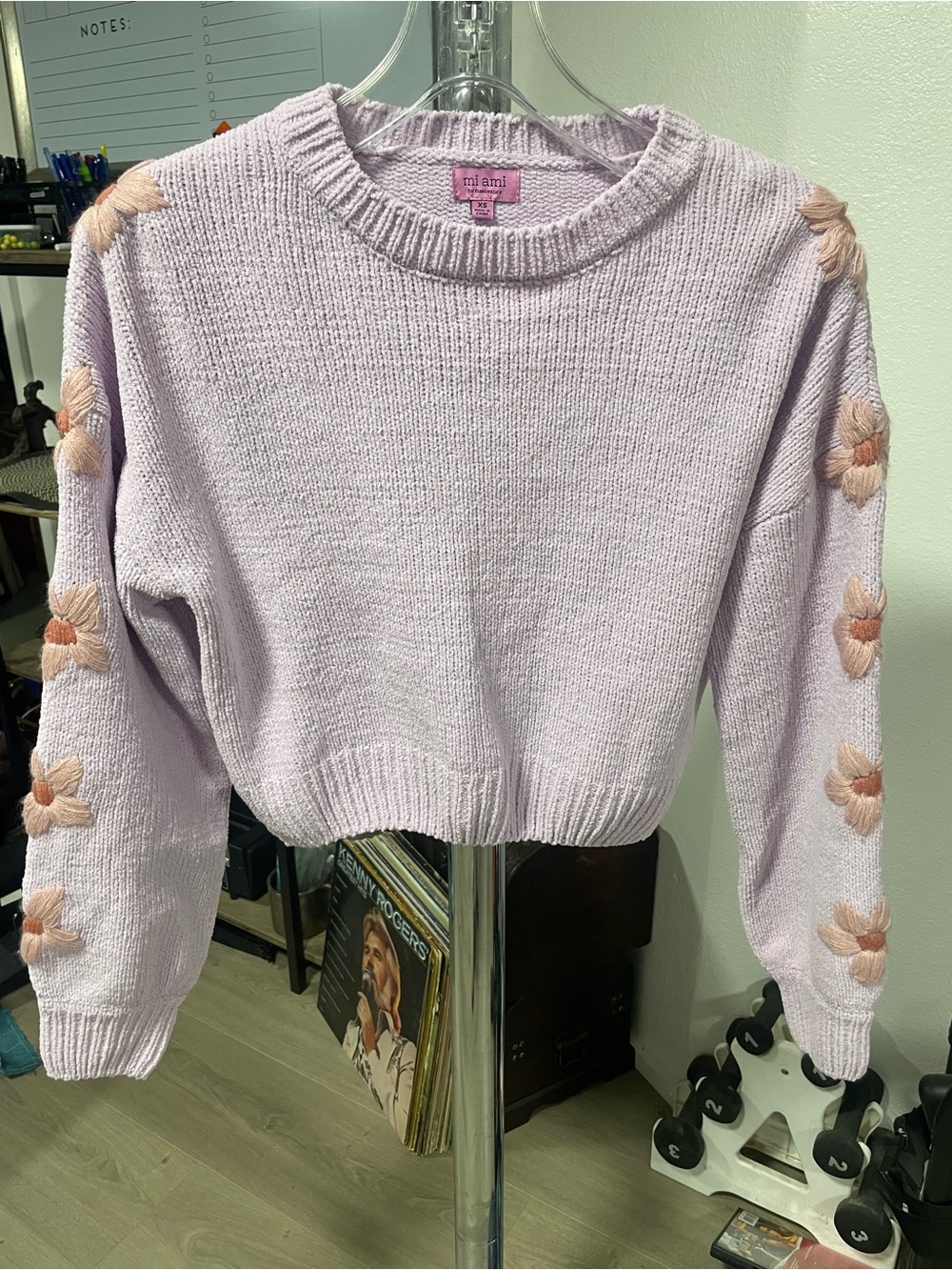 Mi Ami Lilac Crop Crewneck Sweater with Peach Floral Appliqué